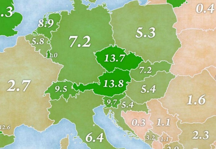 Map of most vegetarian friendly countries in Europe